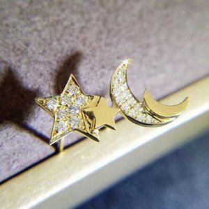 Delightful 18k Yellow Gold Plated Diamond Half Moon & Star Stud Earrings